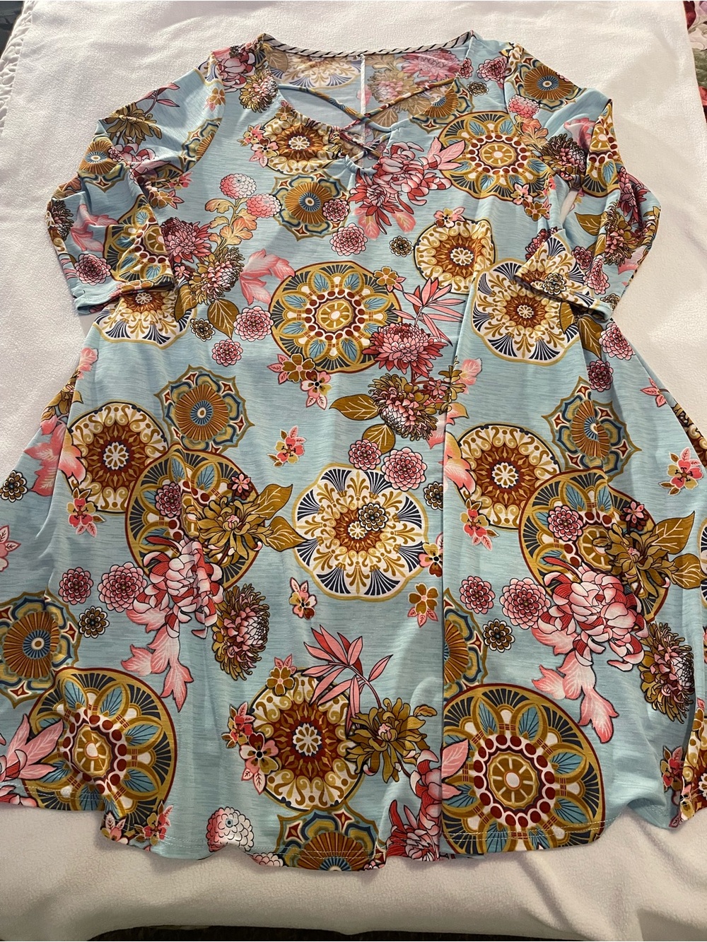 Floral Lace-Up Light Blue Mini Maternity Dress Pink & Gold Print with pockets